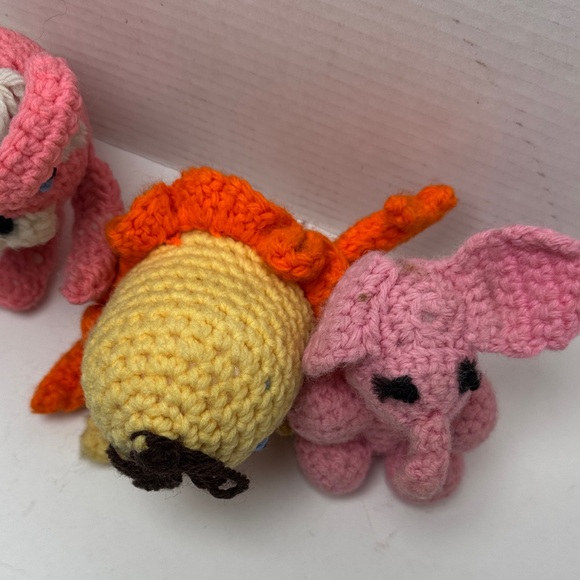 Vintage Crocheted Animal Trio in Pink Orange Yellow Elephant Bunny Humpty - Picture 11 of 12